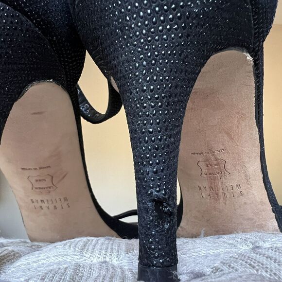 Stuart Weitzman Black Goose Bump Leather Nudist Strappy Heeled Sandals 8.5 M - Picture 12 of 16